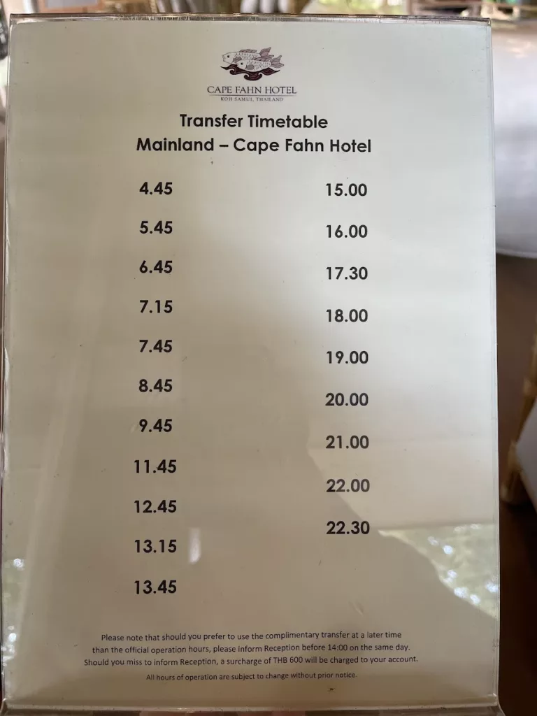 Koh Samui to Cape Fahn Hotel Private Island Transfer Schedule