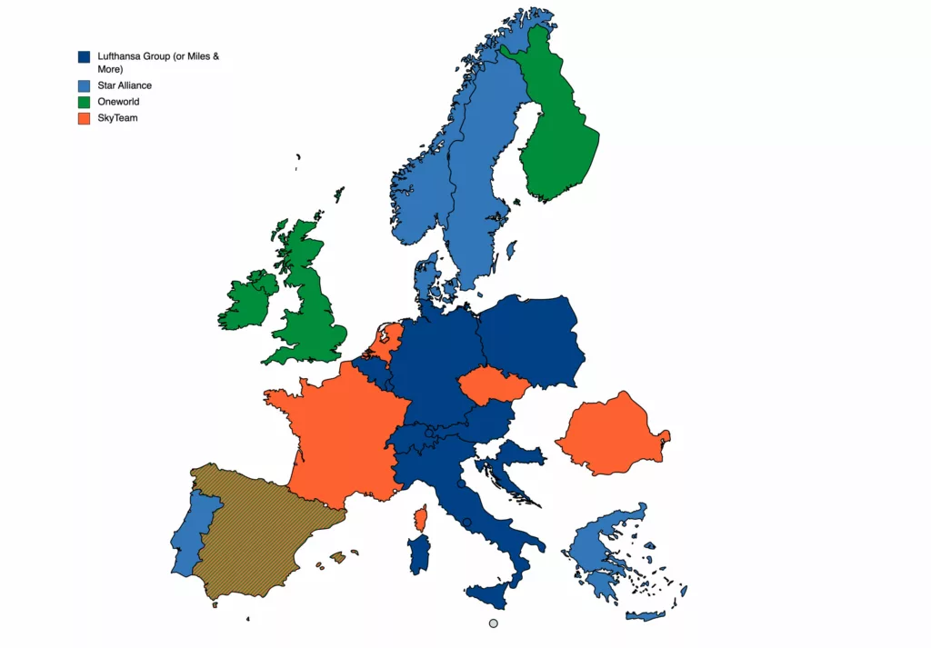 Map of European Aviation highlighting countries by their dominant airline's alliance membership, further confirmed by Lufthansa's bid.