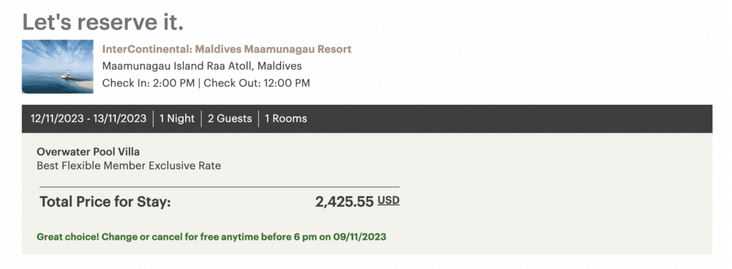 Intercontinental Maldives Maamunagau Resort cash - points & miles