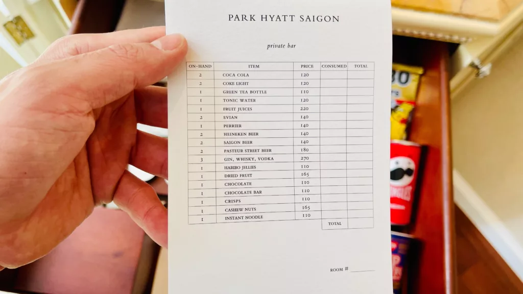 Park Hyatt Saigon minibar prices - Park Hyatt Saigon,free night award
