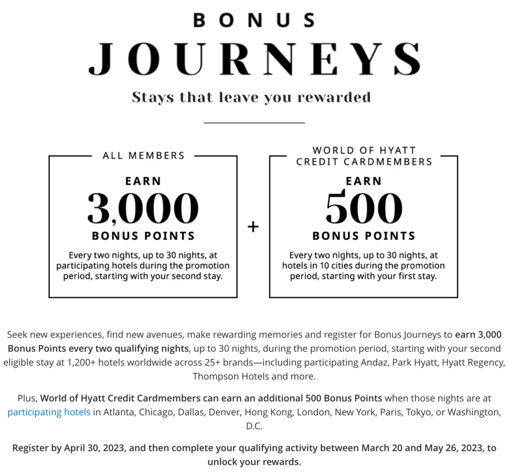 World of Hyatt Global Promotion for Spring 2023 - earn 3000 bonus points for every two nights, up to 30 nights, at participating hotels starting with your second stay.