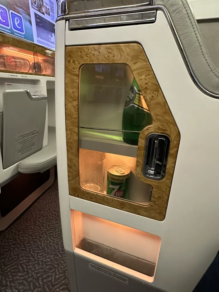 Emirates business class in seat minibar