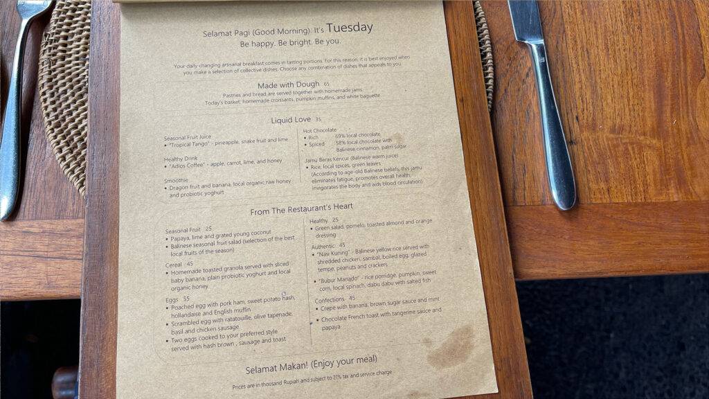 Alila Ubud Plantation breakfast menu - Alila Ubud