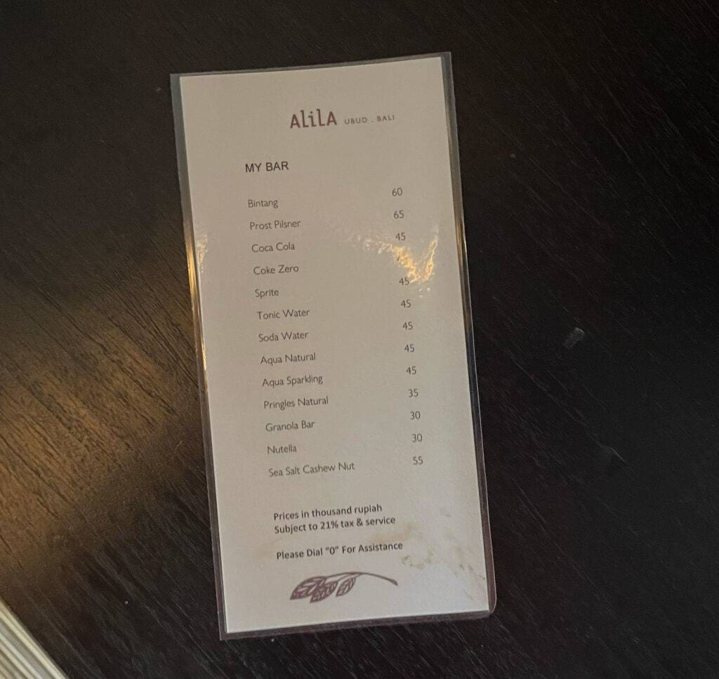 Alila Ubud minibar prices - Alila Ubud