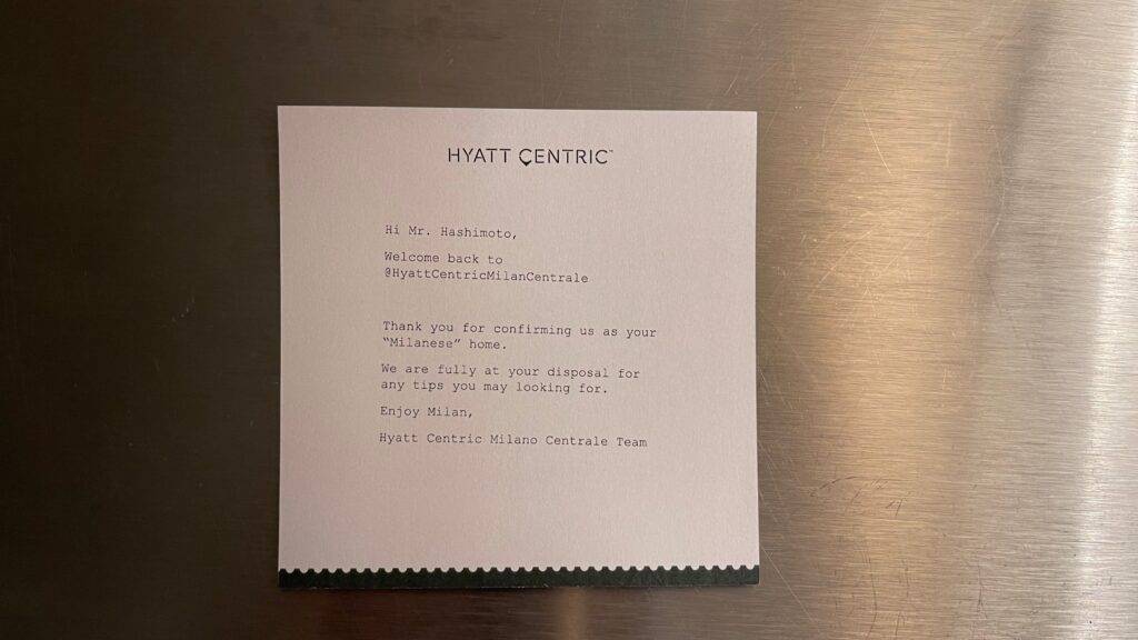 Hyatt Centric Milan Centrale welcome note