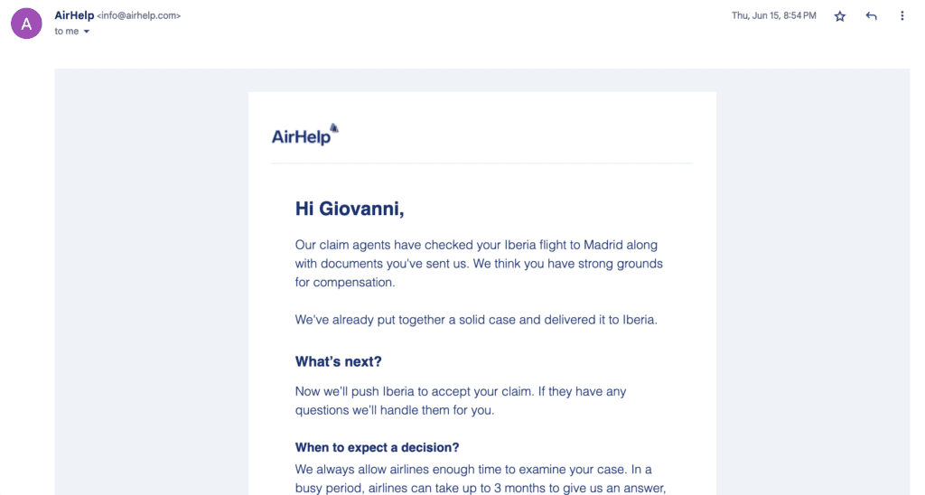 AirHelp Claim Submitted to Airline Email -
