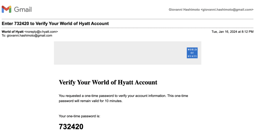 World of Hyatt OTP email -
