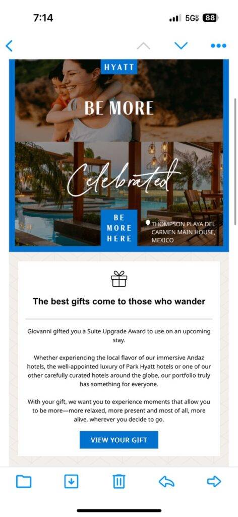 World of Hyatt gift notification email -